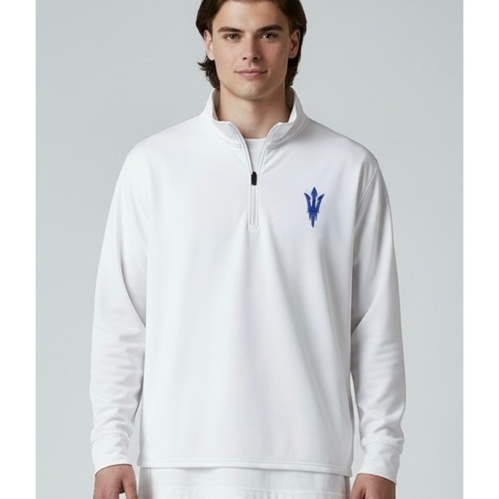 BLUE DEVILS Mens 2XL White Quarter Zip Pullover Blue Trident Logo Light Fleece